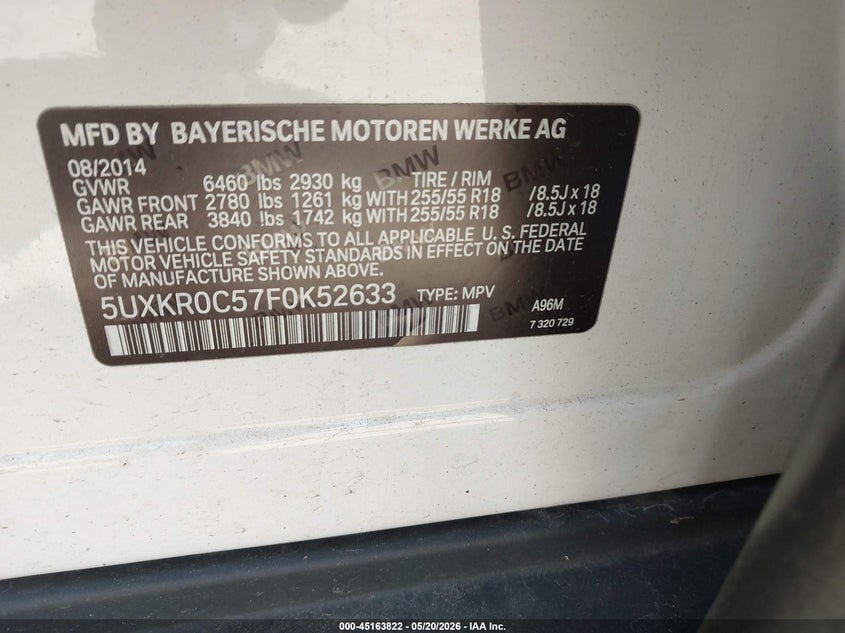 2015 BMW X5 VIN 5UXKR0C57F0K52633 IAAI salvage auction — FRONT END, Salvage (Minnesota), sold $1,550 on 2026-07-29 (photo 9)