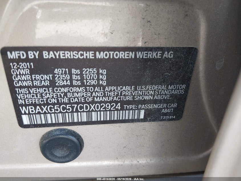 2012 BMW 5er VIN WBAXG5C57CDX02924 IAAI salvage auction — NORMAL WEAR, Clear (Delaware), sold $1,375 on 2026-07-13 (photo 9)