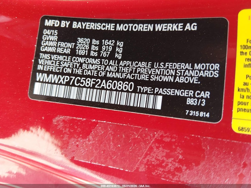 2015 Mini Hard top VIN WMWXP7C58F2A60860 IAAI salvage auction — FRONT END, Salvage (South Carolina), sold $900 on 2026-07-28 (photo 9)
