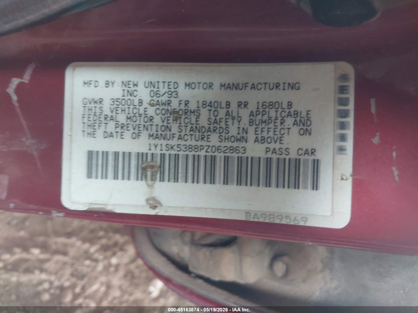 1993 Geo Prizm VIN 1Y1SK5388PZ062863 IAAI salvage auction — UNKNOWN, Salvage (Arizona), sold $250 on 2026-07-21 (photo 9)