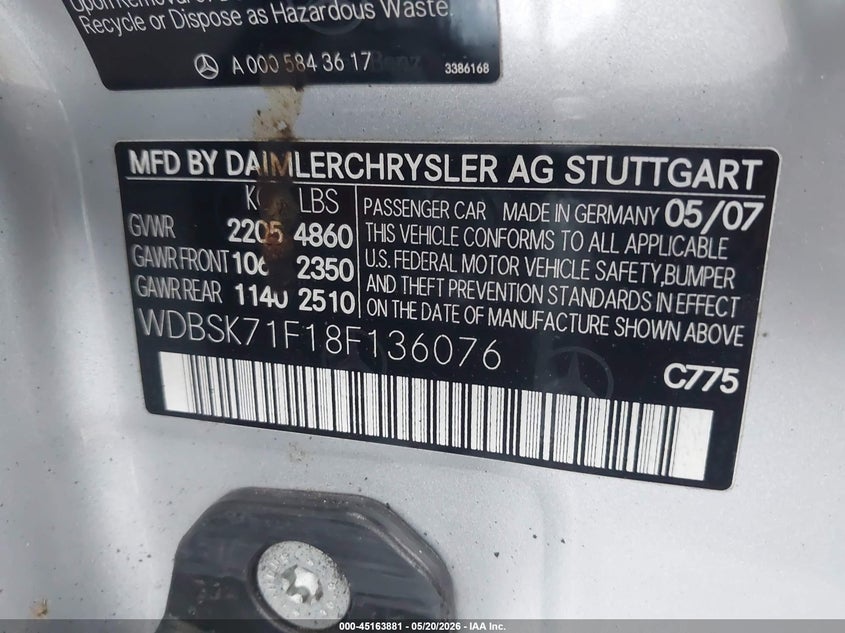 2008 Mercedes-benz VIN WDBSK71F18F136076 IAAI salvage auction — REAR END, Original (Texas), sold $4,300 on 2026-08-10 (photo 9)