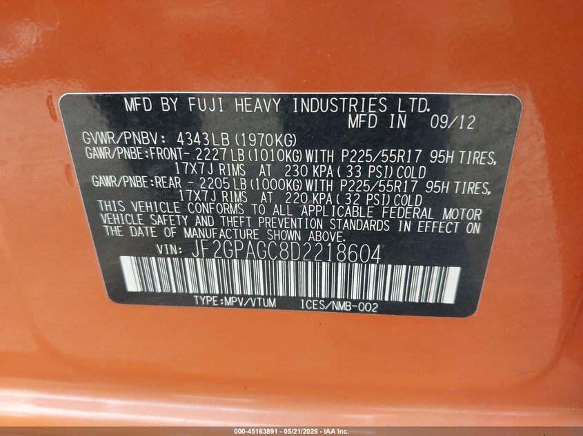 2013 Subaru Xv VIN JF2GPAGC8D2218604 IAAI salvage auction — REAR END, Certificate Of Title (Nebraska), sold $3,550 on 2026-07-12 (photo 9)
