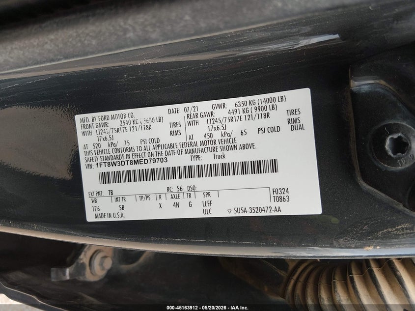 2021 Ford F350 VIN 1FT8W3DT8MED79703 IAAI salvage auction — FRONT & REAR, Clear (Colorado), sold $8,600 on 2026-09-30 (photo 8)