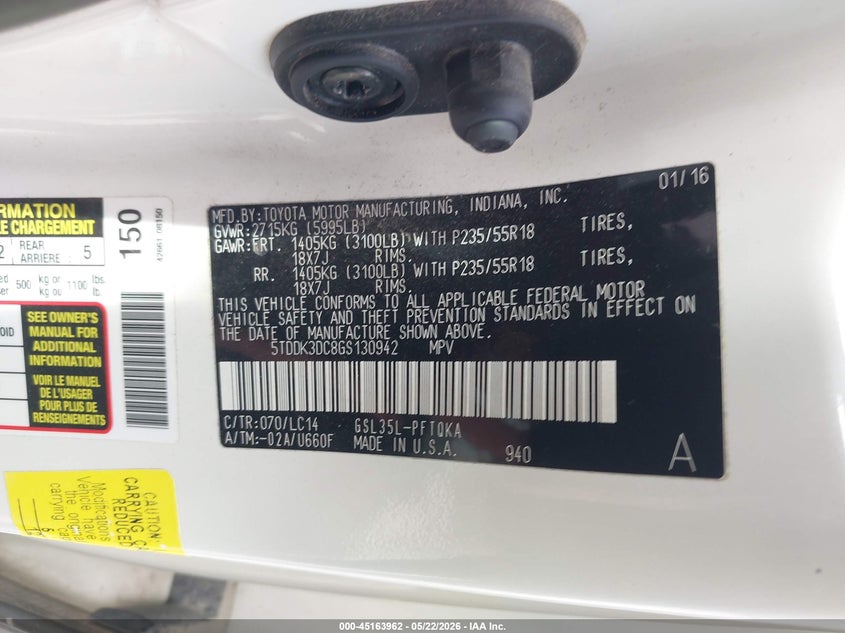 2016 Toyota Sienna VIN 5TDDK3DC8GS130942 IAAI salvage auction — FRONT END, Salvage (Ohio), sold $1,775 on 2026-07-14 (photo 9)