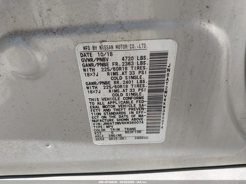 2019 Nissan Rogue VIN JN8AT2MV6KW380074 IAAI salvage auction — FRONT END, Salvage (New Jersey), sold $3,800 on 2026-07-30 (photo 9)