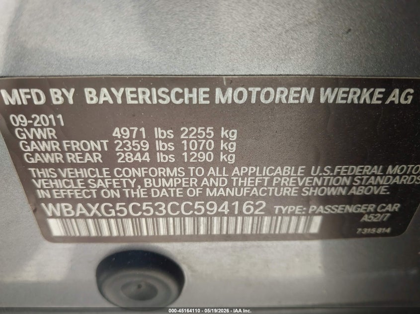 2012 BMW 5er VIN WBAXG5C53CC594162 IAAI salvage auction — ENGINE BURN, Salvage (Alabama), sold $125 on 2026-07-31 (photo 9)