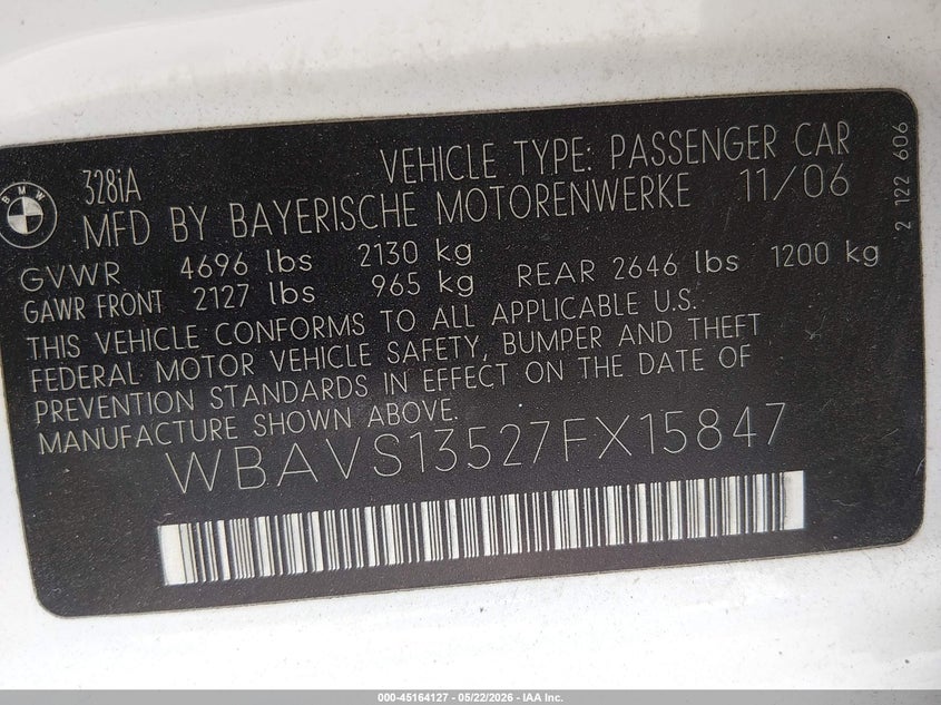 2007 BMW 3 series VIN WBAVS13527FX15847 IAAI salvage auction — RIGHT FRONT, Original (Texas), sold $825 on 2026-07-21 (photo 9)