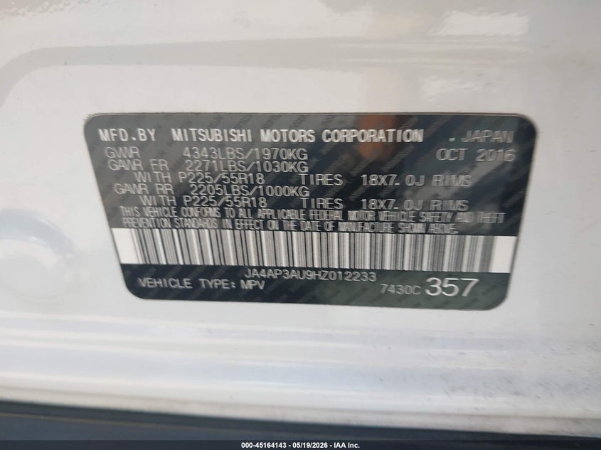 2017 Mitsubishi Outlander VIN JA4AP3AU9HZ012233 IAAI salvage auction — NORMAL WEAR, Clear (Florida), sold $2,775 on 2026-07-14 (photo 9)