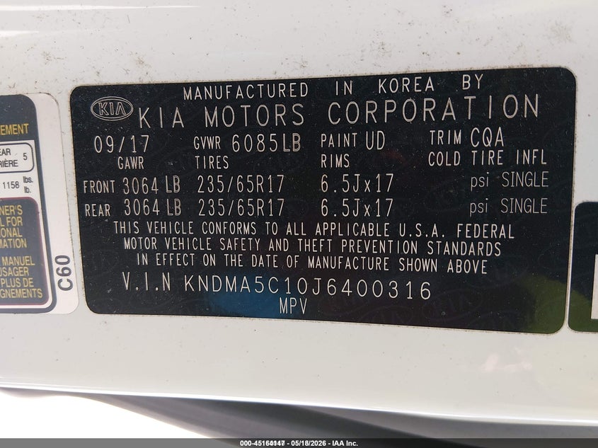 2018 Kia SEDONA VIN KNDMA5C10J6400316 IAAI salvage auction — FRONT & REAR, Sf97 (Texas), sold $14,950 on 2026-07-07 (photo 9)