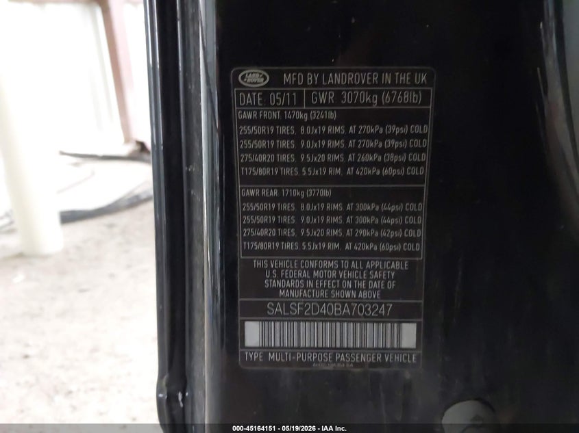 2011 Land rover Range rover sport VIN SALSF2D40BA703247 IAAI salvage auction — FRONT END, Salvage (Texas), sold $1,575 on 2026-07-14 (photo 9)