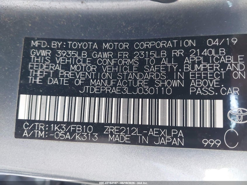 2020 Toyota Corolla VIN JTDEPRAE3LJ030110 IAAI salvage auction — FRONT END, Salvage (California), sold $5,325 on 2026-07-15 (photo 9)