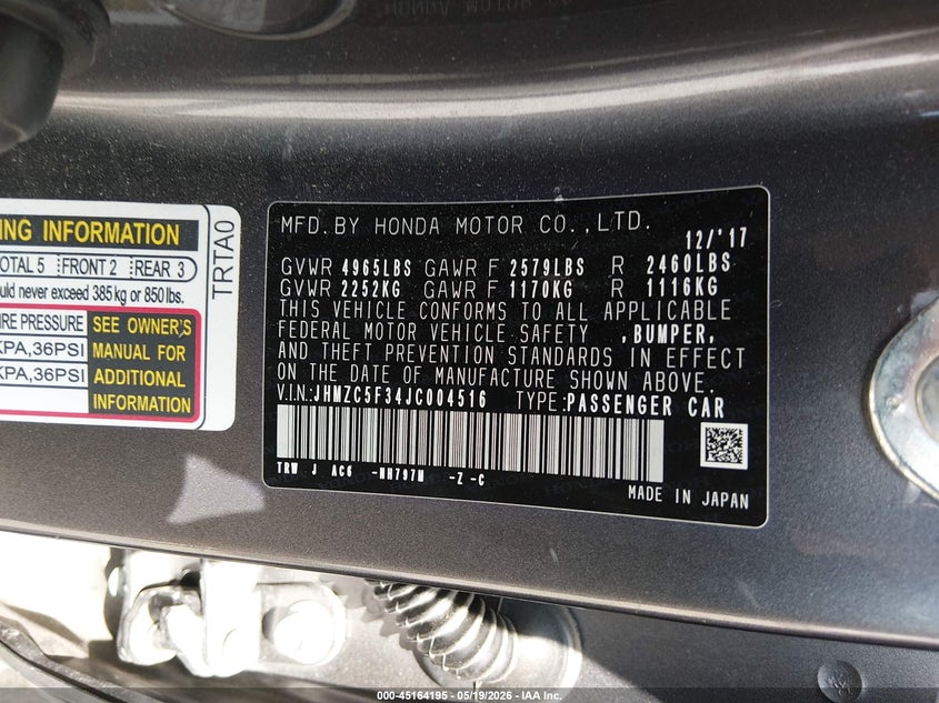 2018 Honda Clarity VIN JHMZC5F34JC004516 IAAI salvage auction — FRONT & REAR, Salvage (Utah), sold $3,600 on 2026-07-09 (photo 9)