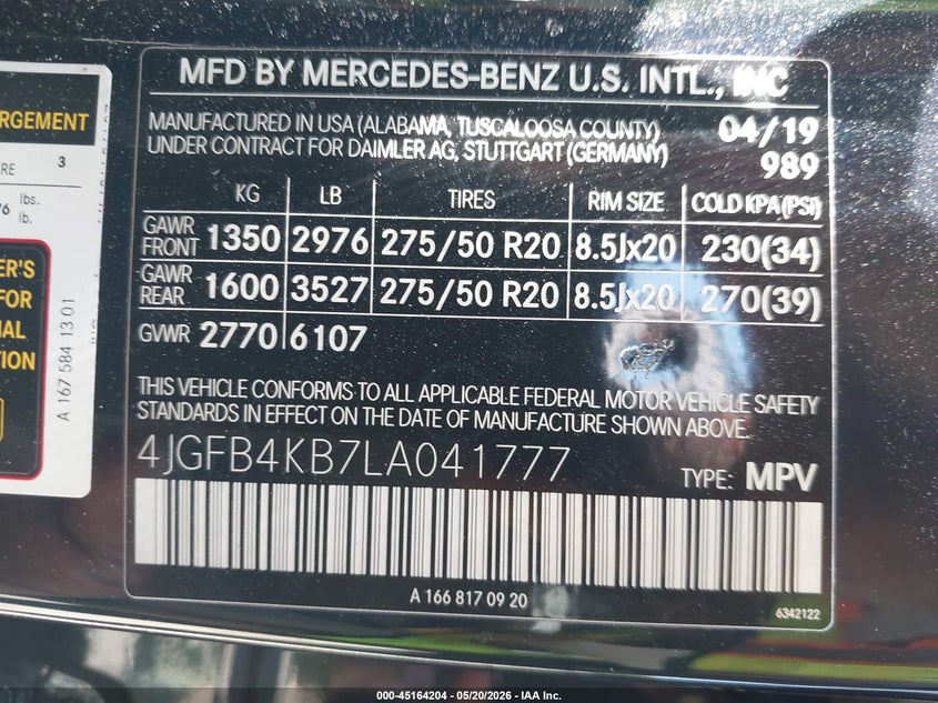 2020 Mercedes-benz Gle VIN 4JGFB4KB7LA041777 IAAI salvage auction — LEFT FRONT, Salvage - Greater Than 75% (Maryland), sold $16,300 on 2026-07-11 (photo 9)