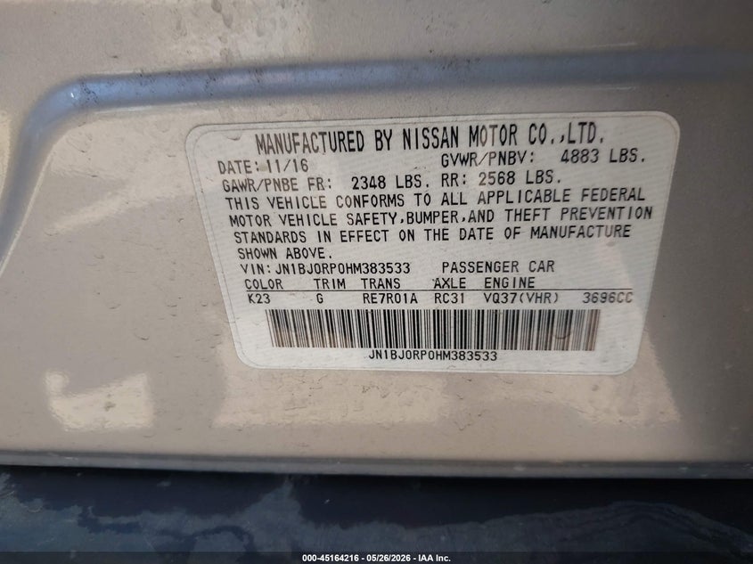 2017 Infiniti Qx50 VIN JN1BJ0RP0HM383533 IAAI salvage auction — FRONT END, Clear (Oklahoma), sold $3,550 on 2026-09-02 (photo 9)