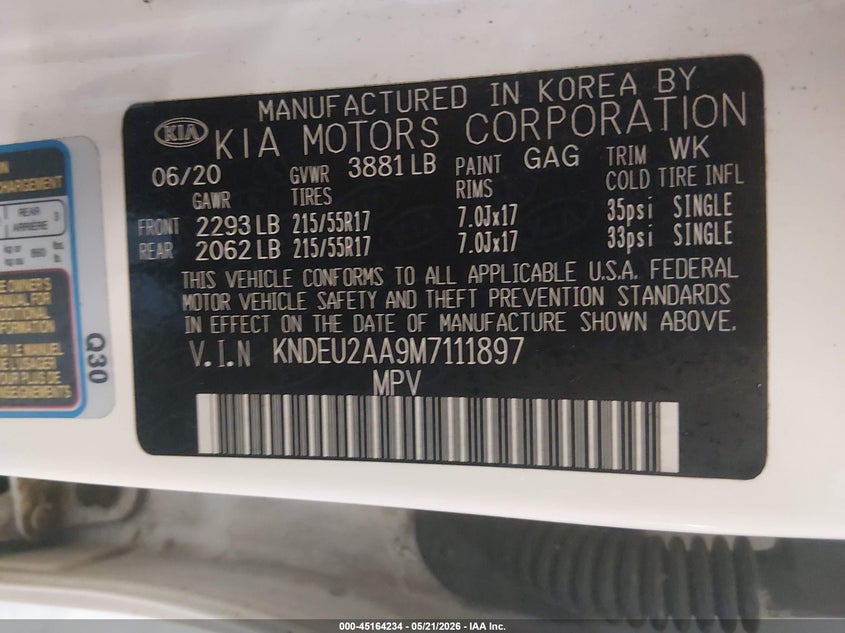 2021 Kia Seltos VIN KNDEU2AA9M7111897 IAAI salvage auction — LEFT FRONT, Salvage (Tennessee), sold $3,350 on 2026-07-29 (photo 9)
