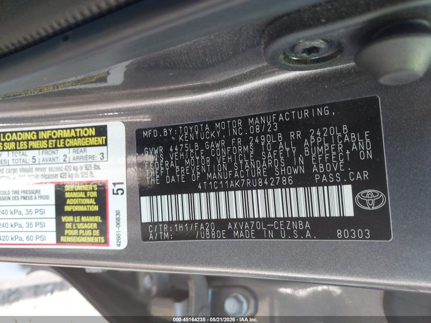 2024 Toyota Camry VIN 4T1C11AK7RU842786 IAAI salvage auction — REAR END, Salvage Title, sold $8,900 on 2026-08-14 (photo 9)