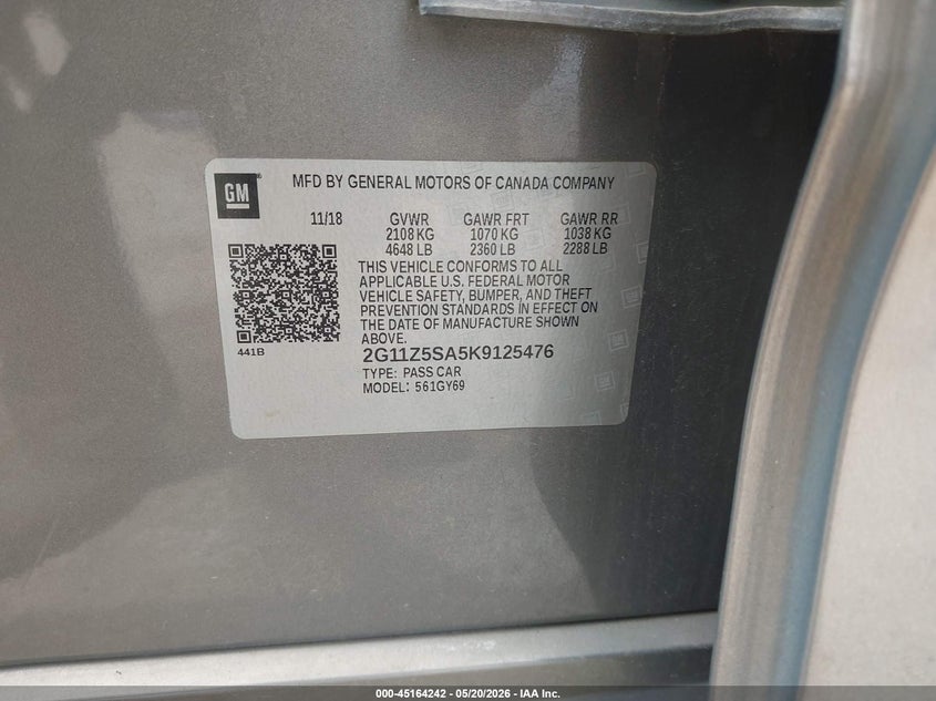 2019 Chevrolet Impala VIN 2G11Z5SA5K9125476 IAAI salvage auction — SIDE, Clear (Wisconsin), sold $3,550 on 2026-07-09 (photo 9)