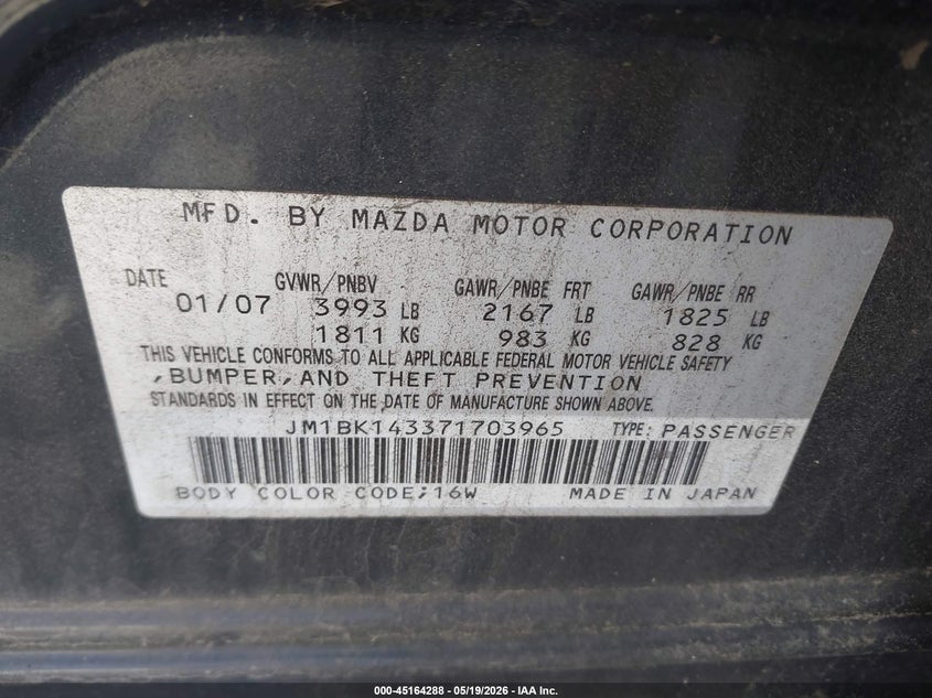 2007 Mazda 3 VIN JM1BK143371703965 IAAI salvage auction — NORMAL WEAR, Salvage (Texas), sold $375 on 2026-07-28 (photo 9)