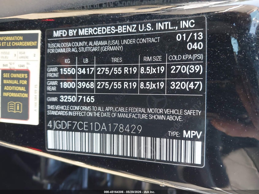 2013 Mercedes-benz Gl-klasse VIN 4JGDF7CE1DA178429 IAAI salvage auction — RIGHT SIDE, Clear (Virginia), sold $2,800 on 2026-07-19 (photo 9)
