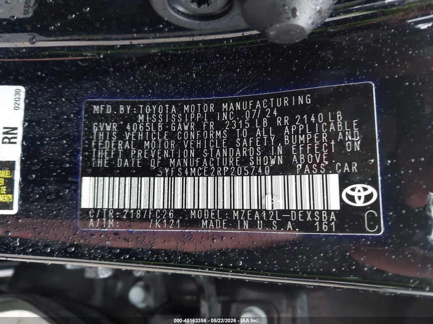 2024 Toyota Corolla VIN 5YFS4MCE2RP205740 IAAI salvage auction — FRONT END, Salvage (Ohio), sold $6,150 on 2026-07-16 (photo 9)
