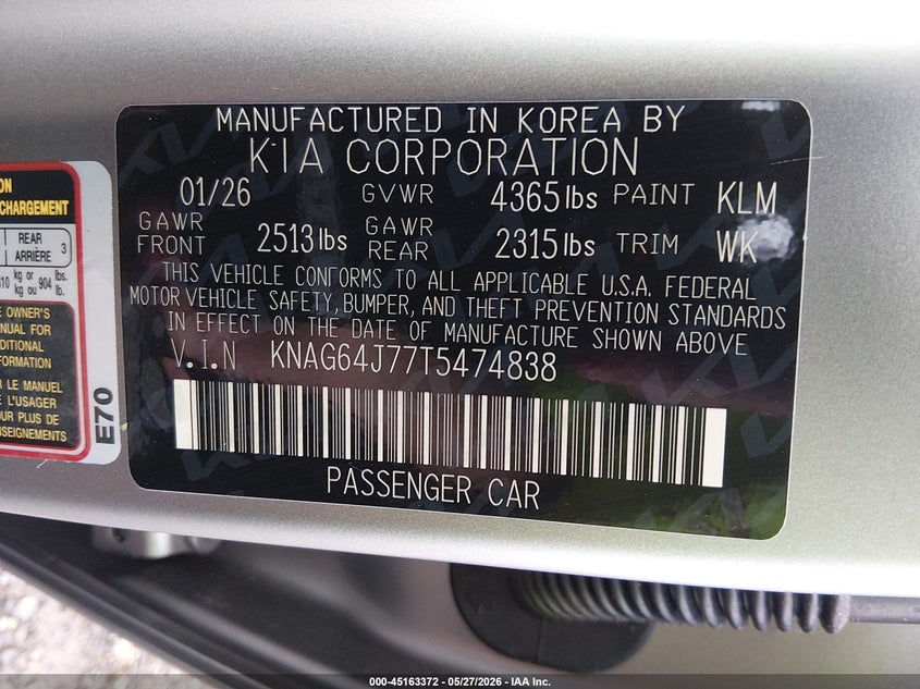 2026 Kia K5 VIN KNAG64J77T5474838 IAAI salvage auction — RIGHT FRONT, Salvage Title, sold $9,275 on 2026-07-15 (photo 9)