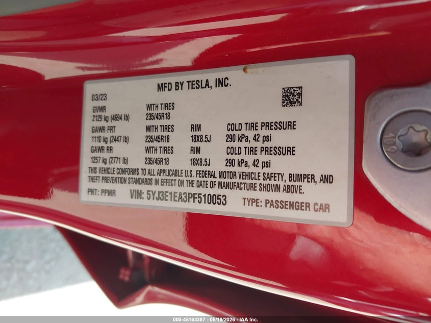 2023 Tesla Model 3 VIN 5YJ3E1EA3PF510053 IAAI salvage auction — REAR END, Salvage (California), sold $575 on 2026-07-30 (photo 9)
