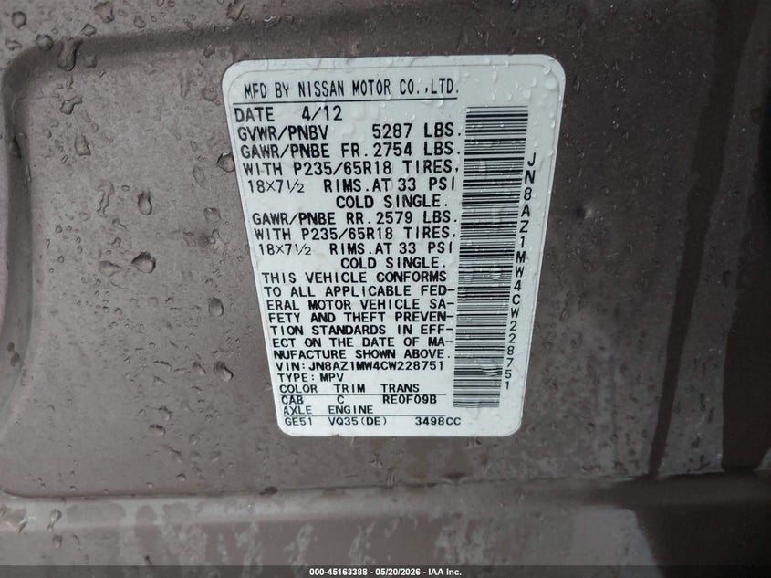 2012 Nissan Murano VIN JN8AZ1MW4CW228751 IAAI salvage auction — UNDERCARRIAGE, Clear (Oklahoma), sold $725 on 2026-07-15 (photo 9)