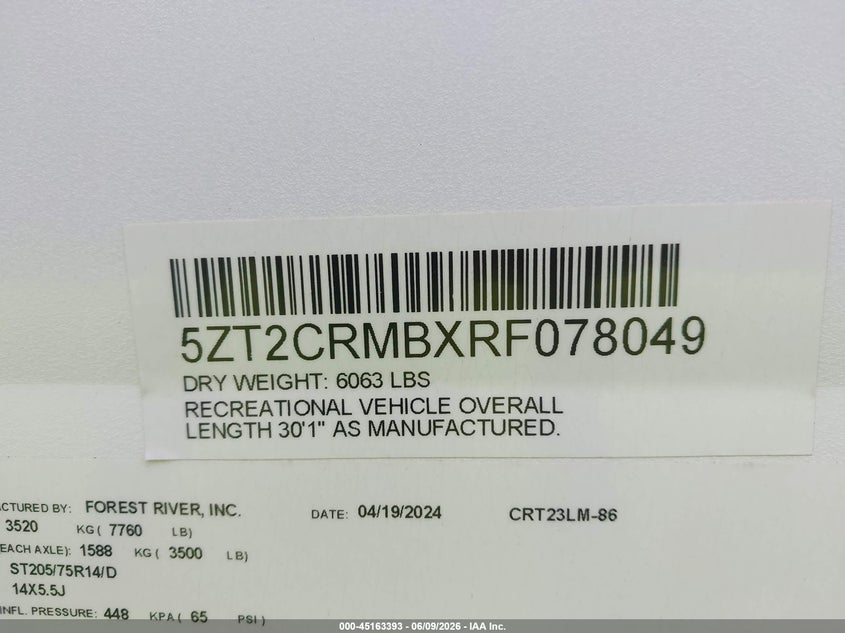 2024 Forest river Other VIN 5ZT2CRMBXRF078049 IAAI salvage auction — HAIL, Salvage (Illinois), sold $14,000 on 2026-08-19 (photo 9)