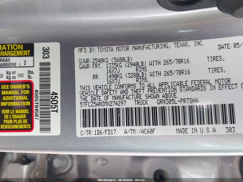 2021 Toyota Tacoma VIN 5TFCZ5AN3MX274297 IAAI salvage auction — FRONT & REAR, Salvage (Texas), sold $9,350 on 2026-07-08 (photo 9)