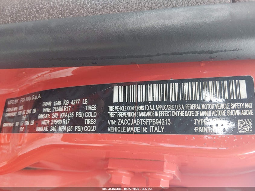 2015 Jeep Renegade VIN ZACCJABT5FPB94213 IAAI salvage auction — SIDE, Salvage Title, sold $1,500 on 2026-07-15 (photo 9)