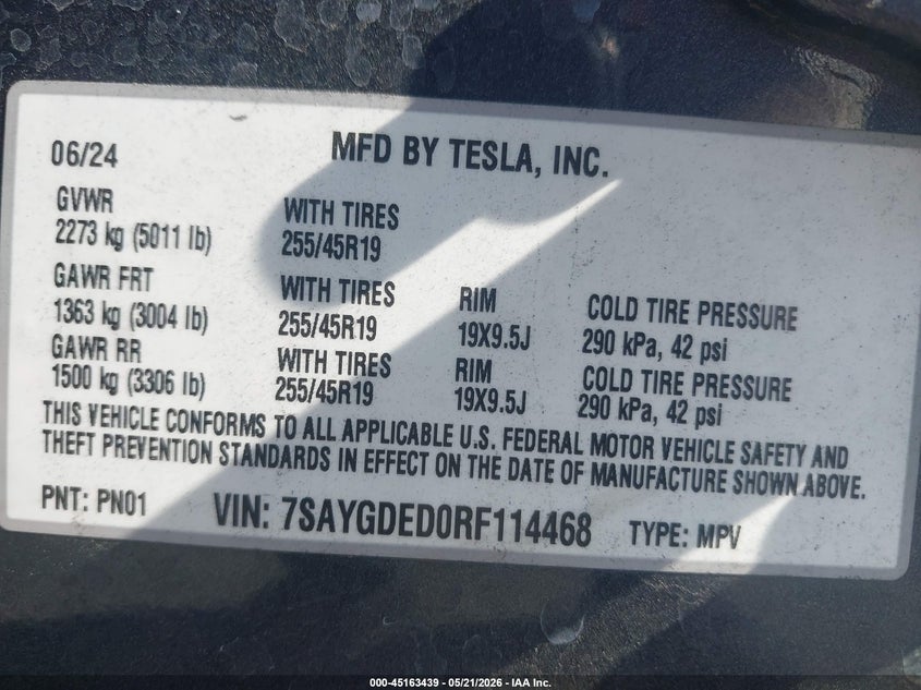 2024 Tesla Model y VIN 7SAYGDED0RF114468 IAAI salvage auction — LEFT SIDE, Salvage (California), sold $6,800 on 2026-07-29 (photo 9)