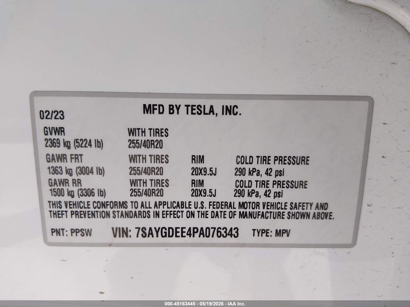 2023 Tesla Model y VIN 7SAYGDEE4PA076343 IAAI salvage auction — FRONT & REAR, Original (Texas), sold $9,050 on 2026-07-07 (photo 9)