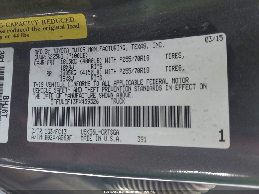 2015 Toyota Tundra VIN 5TFUW5F13FX459326 IAAI salvage auction — FRONT & REAR, Salvage (North Carolina), sold $3,600 on 2026-07-15 (photo 9)
