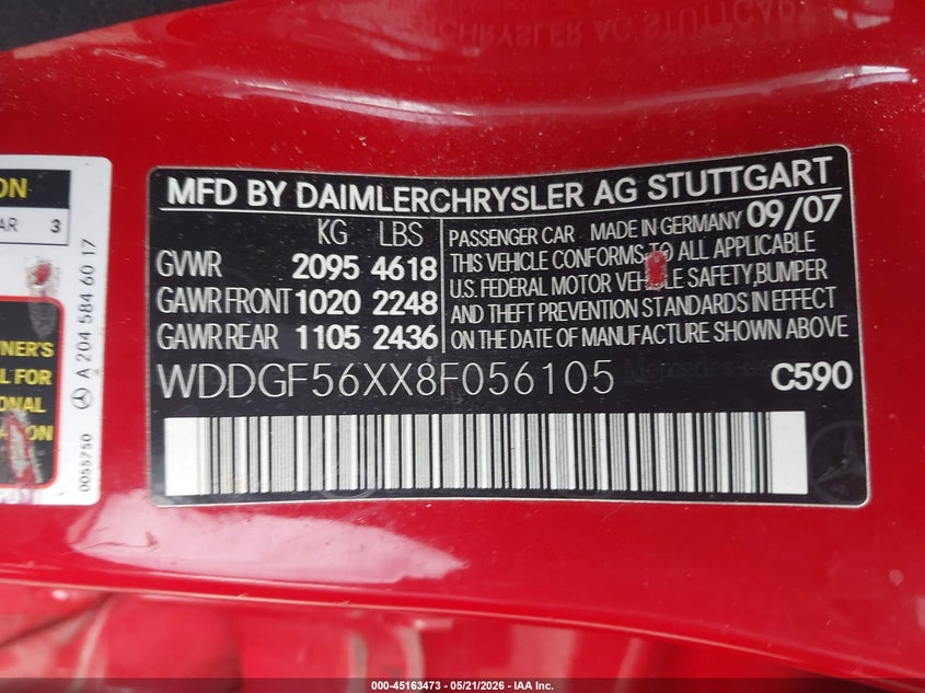 2008 Mercedes-benz C class VIN WDDGF56XX8F056105 IAAI salvage auction — WATER/FLOOD, Salvage (Texas), sold $725 on 2026-08-01 (photo 9)