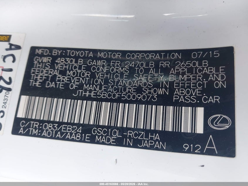 2015 Lexus Rc VIN JTHHE5BC0F5009073 IAAI salvage auction — FRONT END, Bill Of Sale (Washington), sold $2,100 on 2026-07-28 (photo 9)
