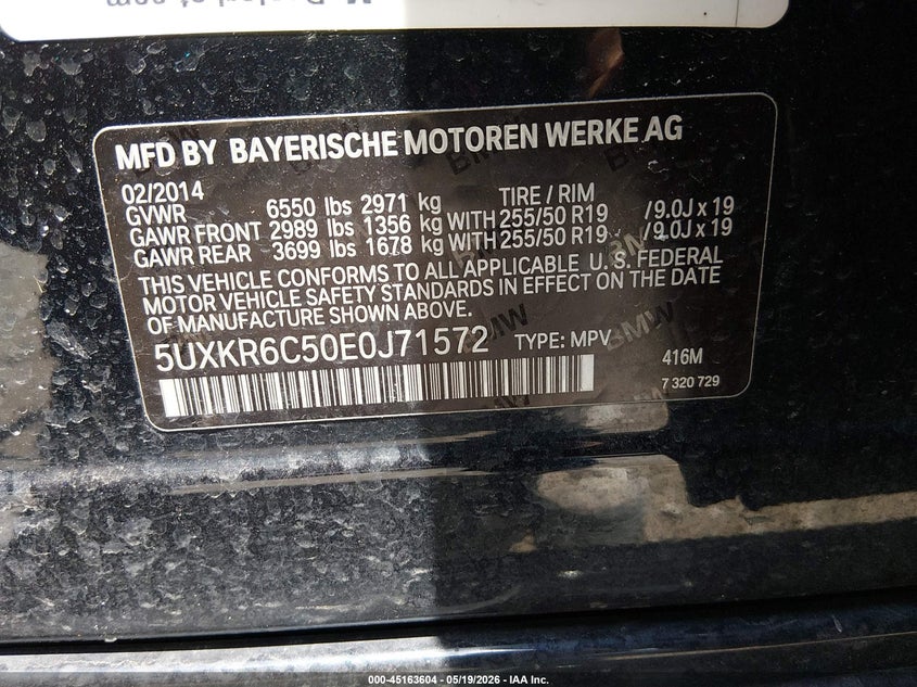 2014 BMW X5 VIN 5UXKR6C50E0J71572 IAAI salvage auction — NORMAL WEAR, Original (Kentucky), sold $3,925 on 2026-07-06 (photo 9)