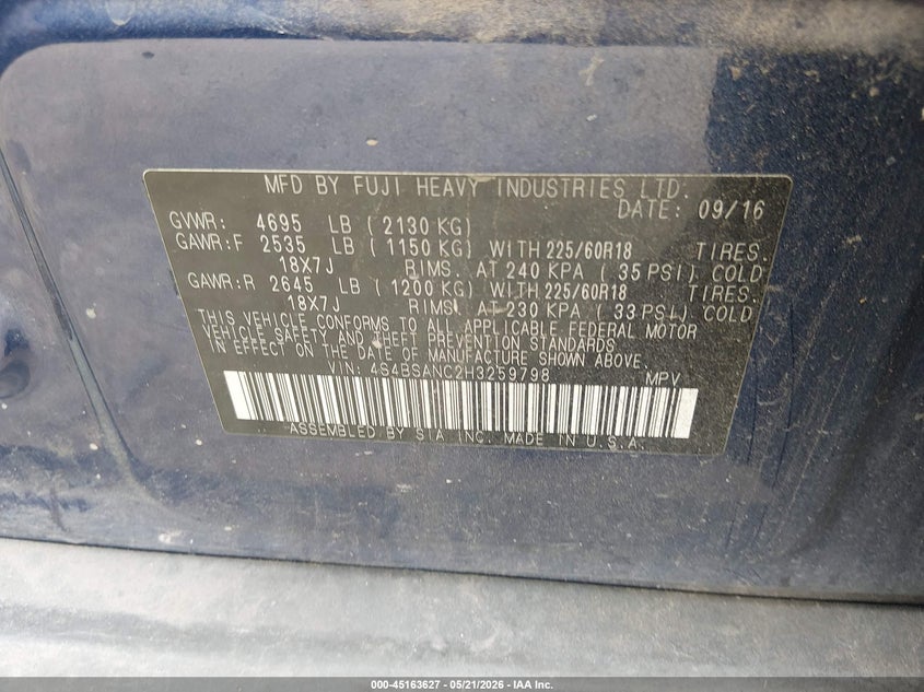 2017 Subaru Outback VIN 4S4BSANC2H3259798 IAAI salvage auction — FRONT & REAR, Salvage Title, sold $2,175 on 2026-09-08 (photo 9)