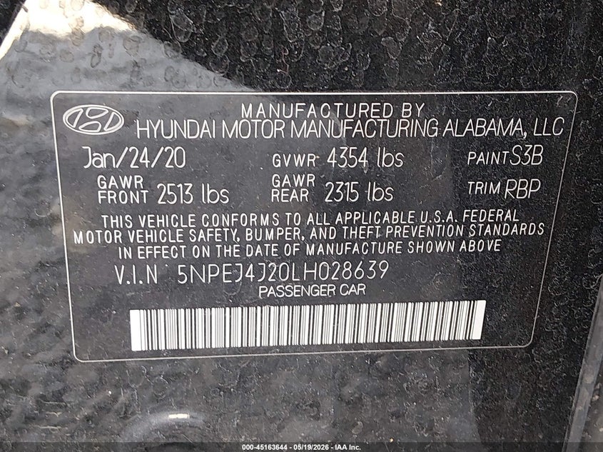 2020 Hyundai Sonata VIN 5NPEJ4J20LH028639 IAAI salvage auction — LEFT FRONT, Salvage (Kentucky), sold $3,900 on 2026-07-15 (photo 9)