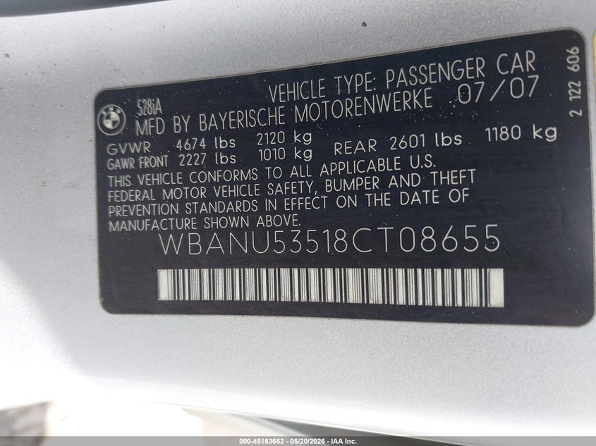 2008 BMW 5 series VIN WBANU53518CT08655 IAAI salvage auction — FRONT END, Salvage (Texas), sold $500 on 2026-07-16 (photo 9)