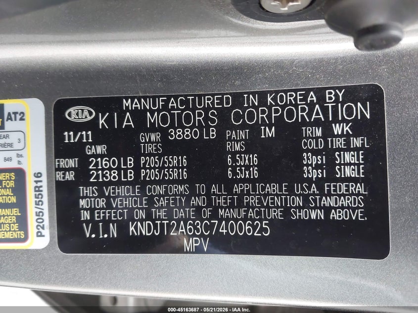 2012 Kia Soul VIN KNDJT2A63C7400625 IAAI salvage auction — SIDE, Original (Texas), sold $350 on 2026-07-23 (photo 9)