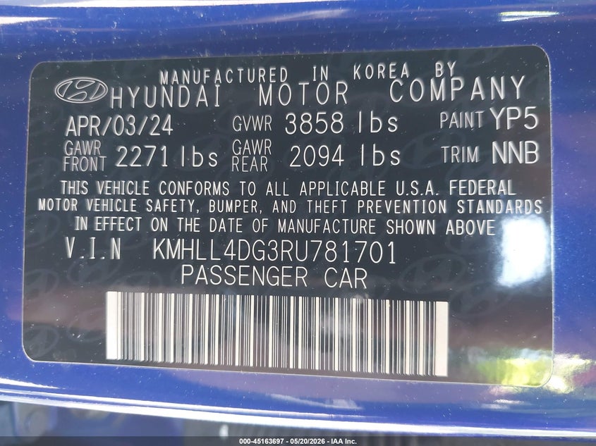 2024 Hyundai Elantra VIN KMHLL4DG3RU781701 IAAI salvage auction — FRONT END, Mv-907A (New York), sold $5,400 on 2026-07-14 (photo 9)