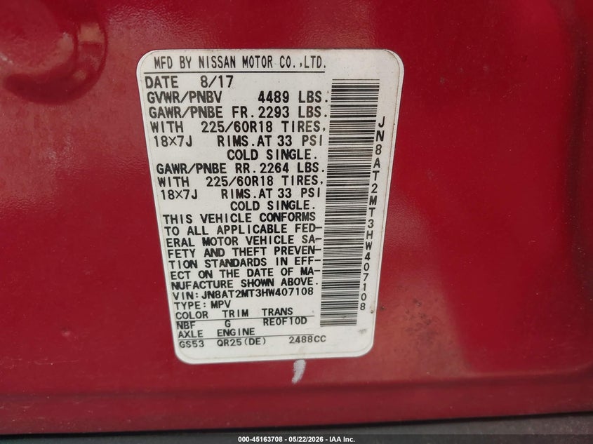 2017 Nissan Rogue VIN JN8AT2MT3HW407108 IAAI salvage auction — FRONT END, Salvage (South Carolina), sold $900 on 2026-07-21 (photo 9)