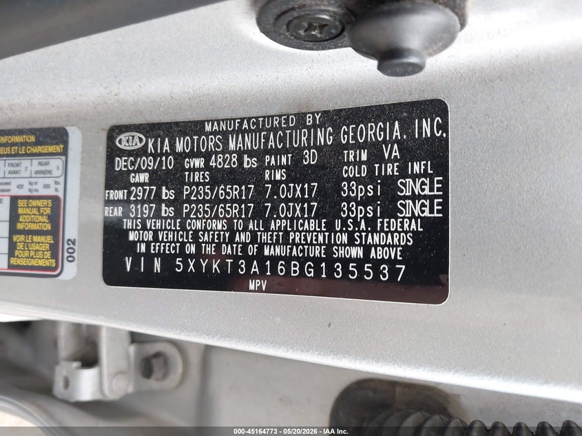 2011 Kia Sorento VIN 5XYKT3A16BG135537 IAAI salvage auction — RIGHT FRONT, Original (Texas), sold $1,375 on 2026-07-14 (photo 9)