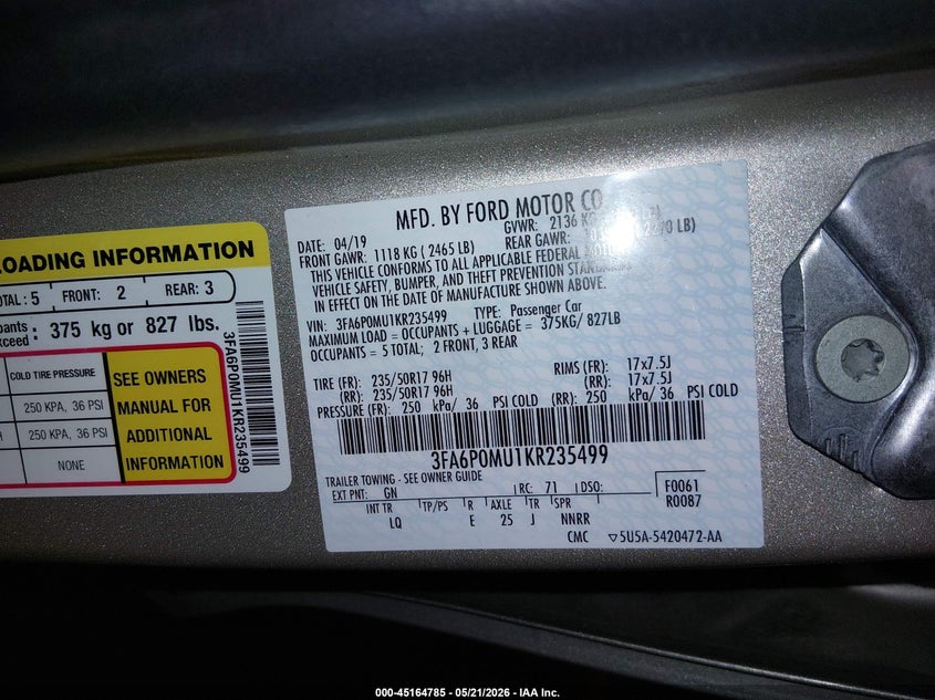 2019 Ford Fusion VIN 3FA6P0MU1KR235499 IAAI salvage auction — SIDE, Salvage (Oregon), sold $2,650 on 2026-07-30 (photo 9)