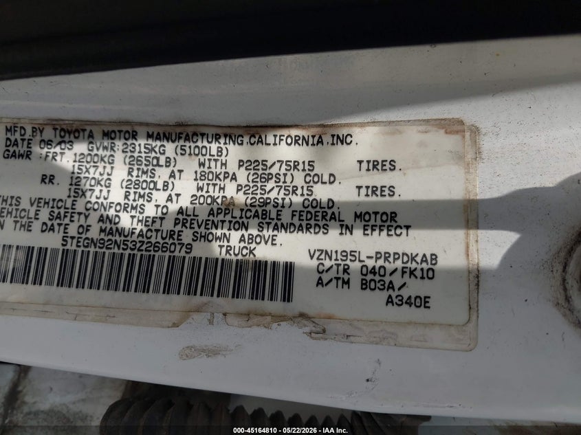 2003 Toyota Tacoma VIN 5TEGN92N53Z266079 IAAI salvage auction — ROLLOVER, Salvage (Texas), sold $1,200 on 2026-07-29 (photo 9)