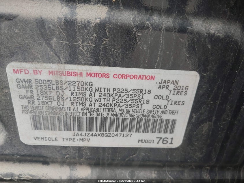 2016 Mitsubishi Outlander VIN JA4JZ4AX8GZ047127 IAAI salvage auction — LEFT FRONT, Salvage (Kansas), sold $1,250 on 2026-07-15 (photo 9)