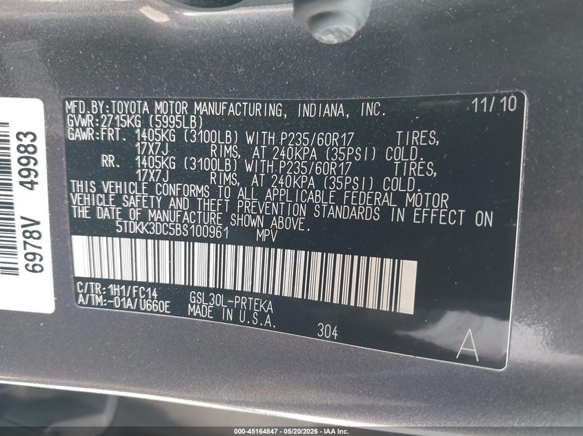 2011 Toyota Sienna VIN 5TDKK3DC5BS100961 IAAI salvage auction — FRONT END, Salvage (California), sold $1,450 on 2026-07-07 (photo 9)