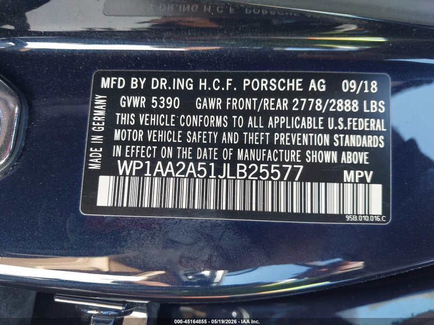 2018 Porsche Macan VIN WP1AA2A51JLB25577 IAAI salvage auction — LEFT FRONT, Salvage (California), sold $5,800 on 2026-07-18 (photo 9)