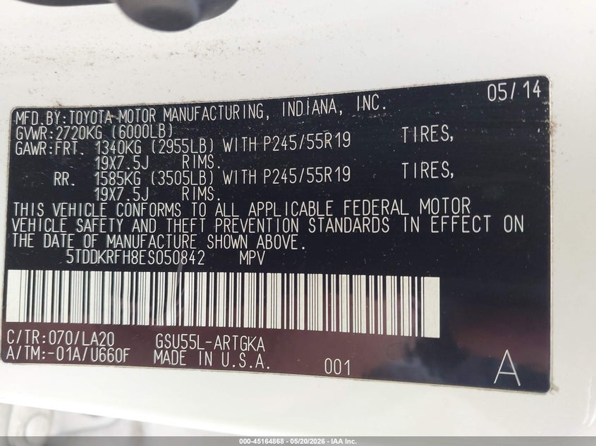 2014 Toyota Highlander VIN 5TDDKRFH8ES050842 IAAI salvage auction — FRONT END, Salvage (Missouri), sold $8,200 on 2026-07-25 (photo 9)