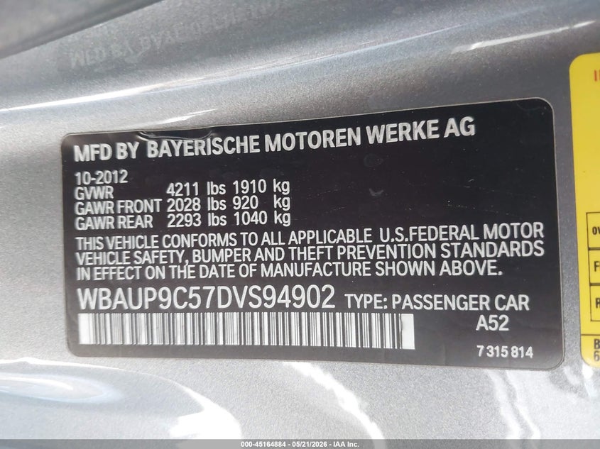 2013 BMW 1er VIN WBAUP9C57DVS94902 IAAI salvage auction — LEFT FRONT, Salvage (Arizona), sold $825 on 2026-07-28 (photo 9)